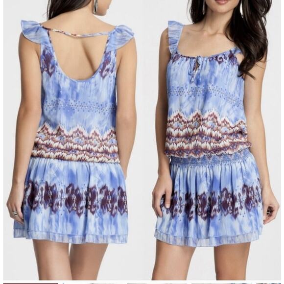 Guess Sz XS Boho Traveler Dress Keyhole Flutter Sleeve Watercolor Print Smocking - Picture 1 of 12